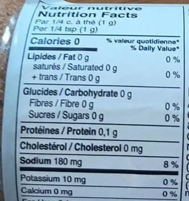 Assaisonnement nutrition facts table