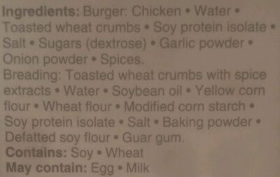 Chicken Burgers ingredients label