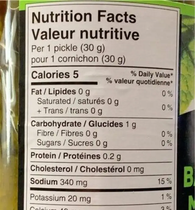 Strub’s Baby dill pickles nutrition facts table