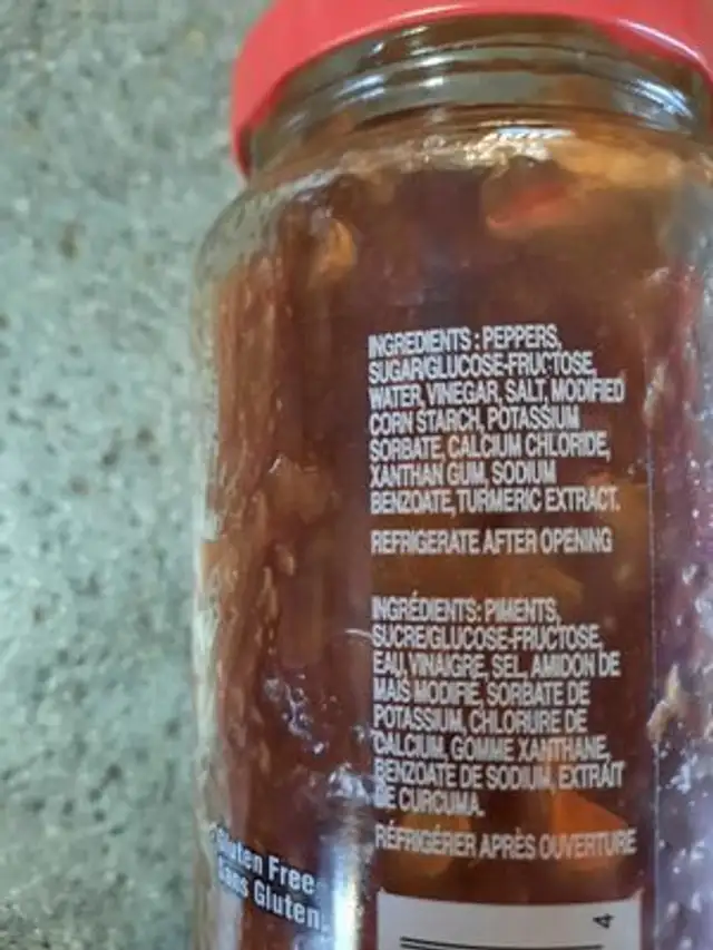 Relish aux piments forts ingredients label