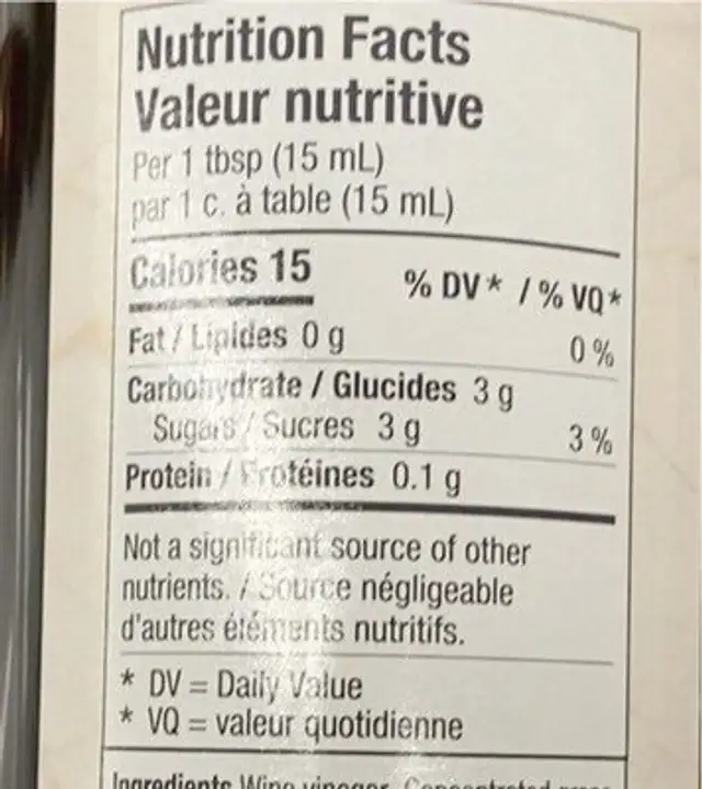Vinaigre balsamique blanc nutrition facts table