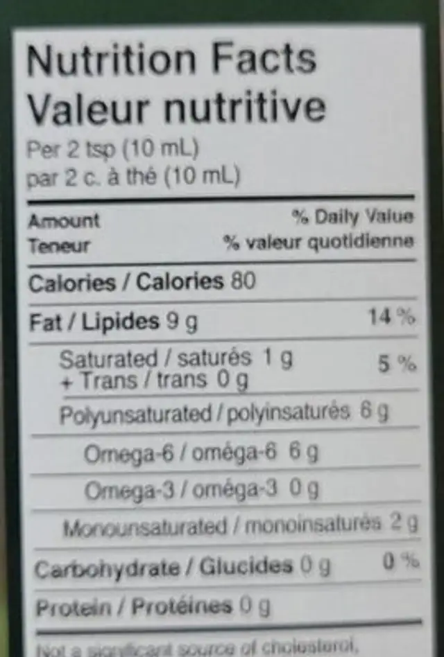 Grapeseed Oil nutrition facts table