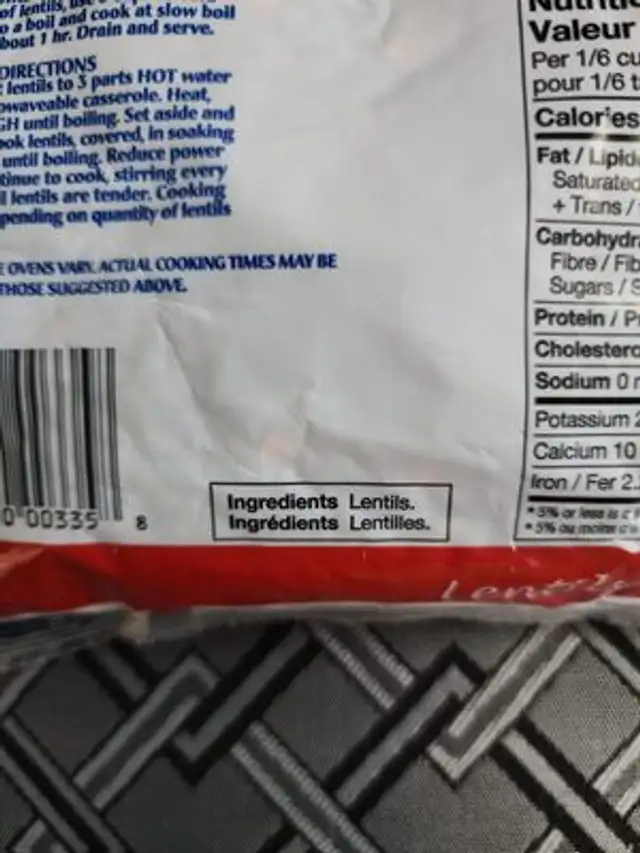 Lentils ingredients label