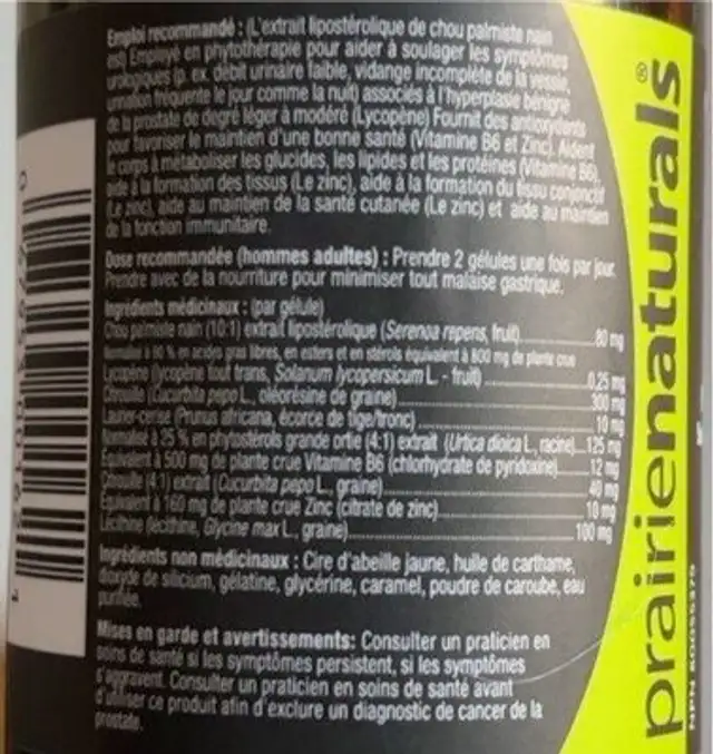 PROSTFORCE nutrition facts table