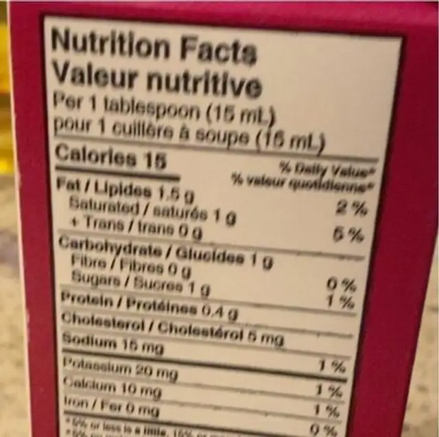 Blend cream nutrition facts table