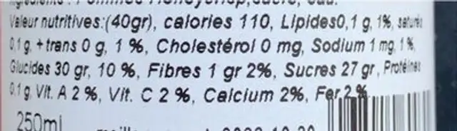 Gelée de pomme Honeycrisp nutrition facts table