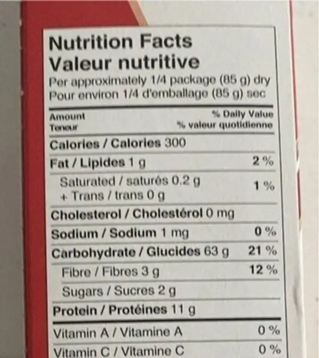 Vitale oven ready Lasagna noodles nutrition facts table