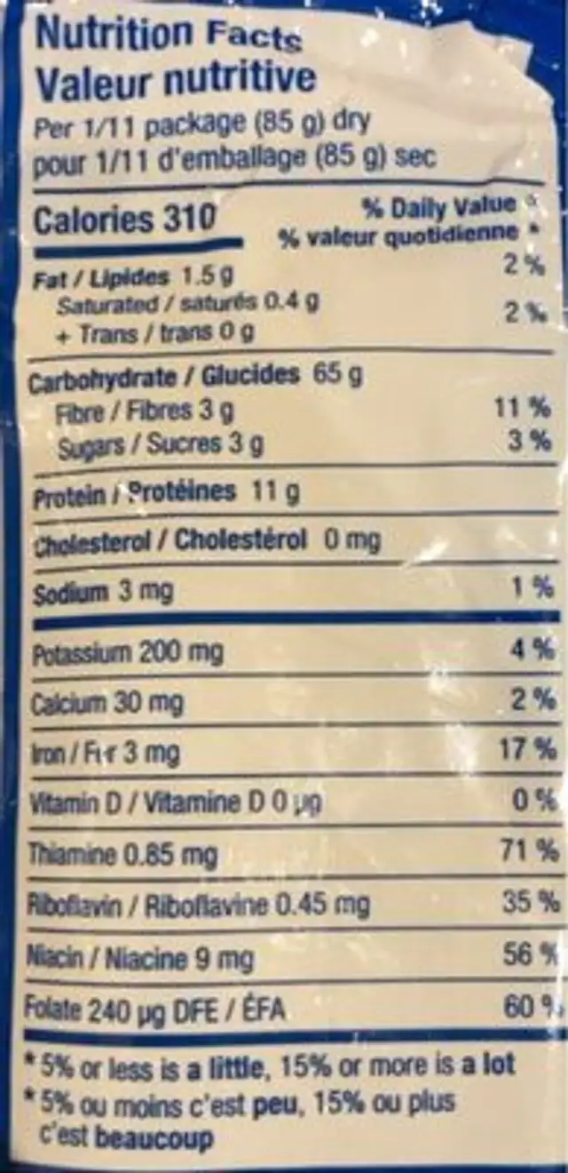 Spaghetti nutrition facts table