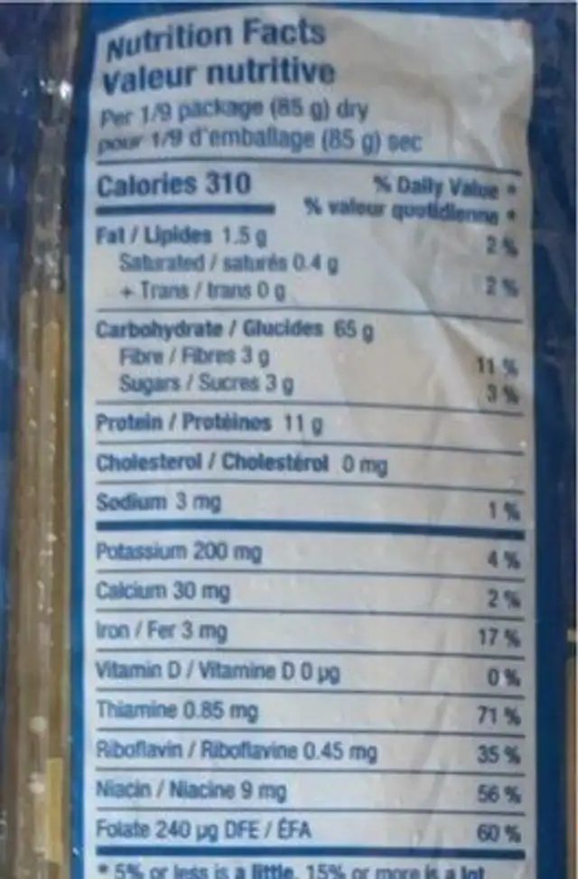 Spaghettini nutrition facts table