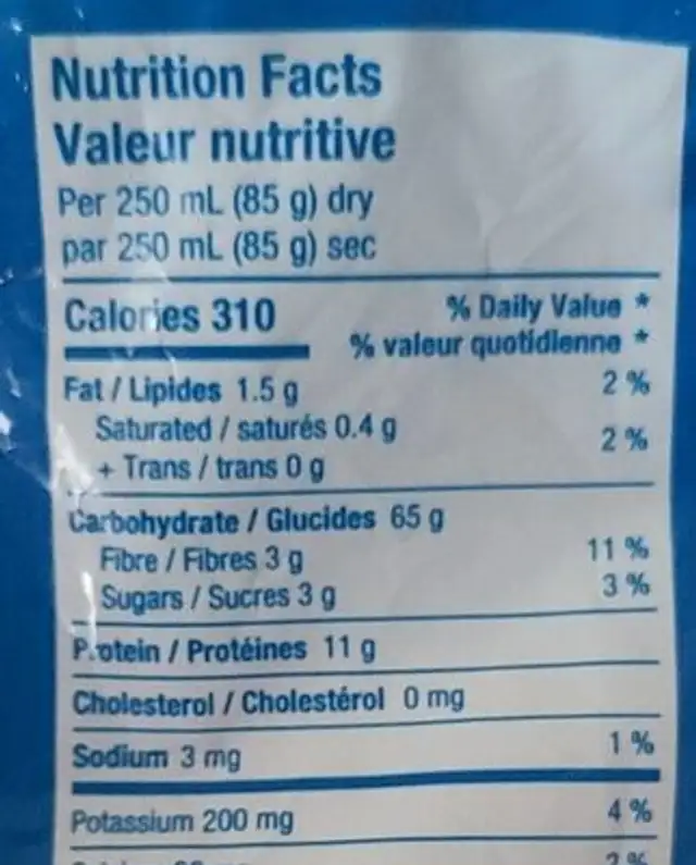 Pasta nutrition facts table