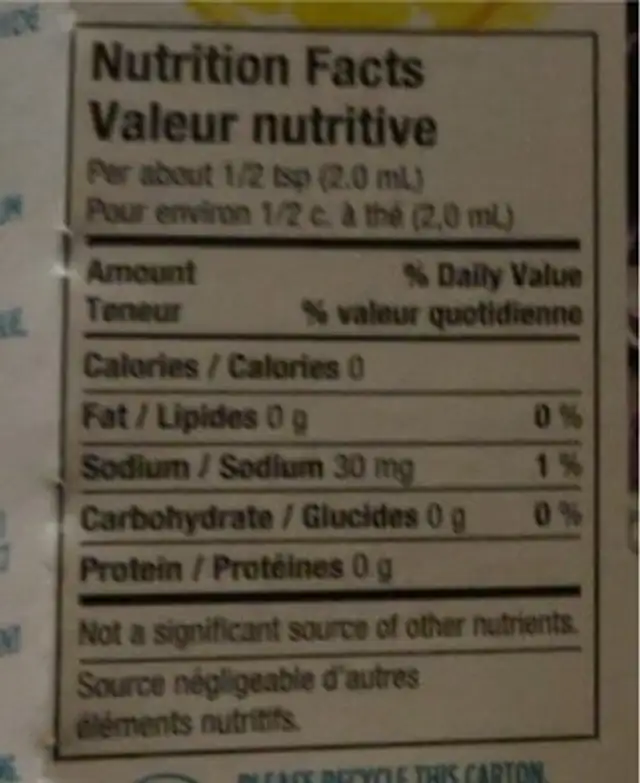 Cristal léger nutrition facts table