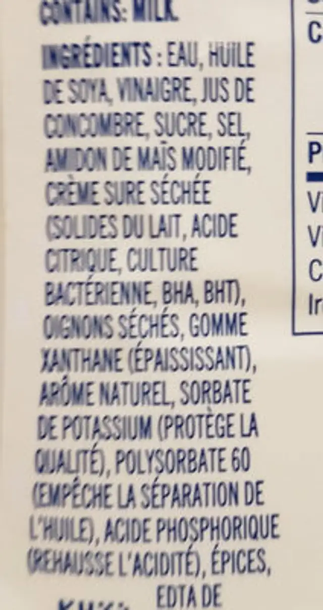 Vinaigrette (concombre Crémeuse) ingredients label