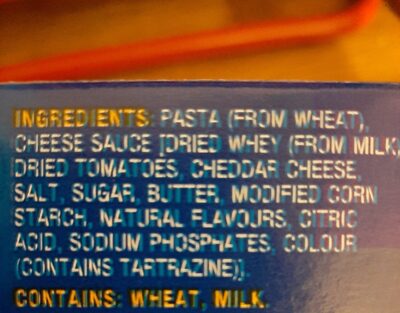 Macaroni au fromage et tomate ingredients label