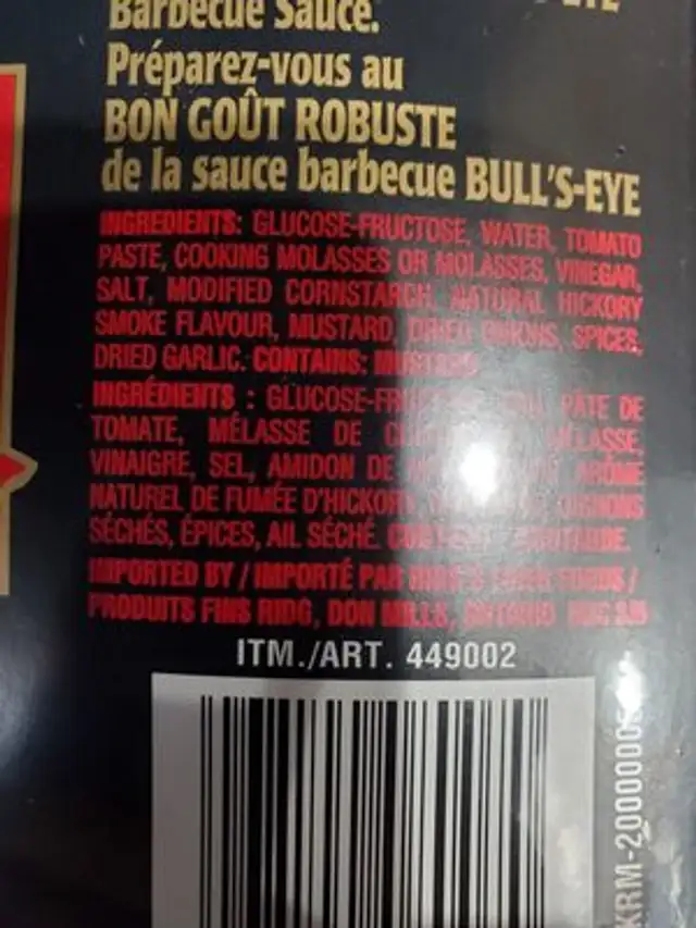 bulls eye barbeque sauce ingredients label