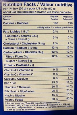 Macaroni Kraft Diner Au Blé Entier nutrition facts table