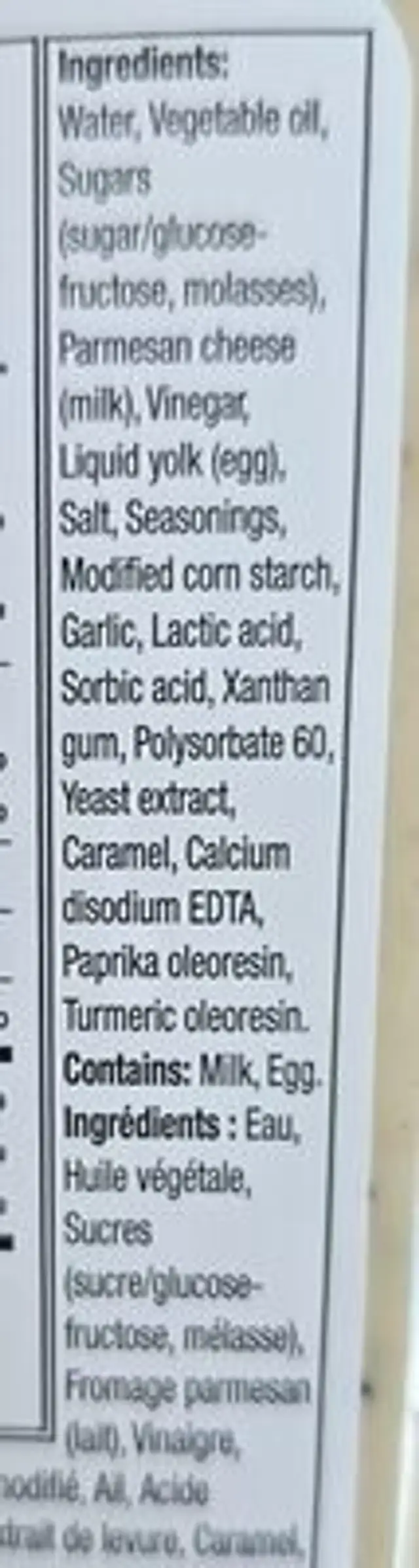 Creamy Caesar Dressing ingredients label