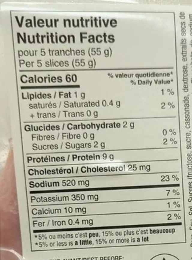 Jambon cuit à l'érable nutrition facts table