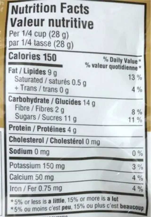 Amandes à l’érable nutrition facts table