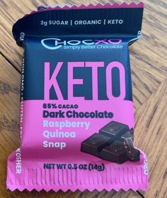 KETO 85% Cacao Dark Chocolate Raspberry Quinoa Snaps front packaging