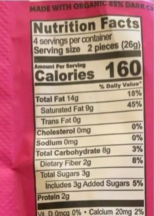 Keto Dark Chocolate Coconut & Almond Sliders nutrition facts table