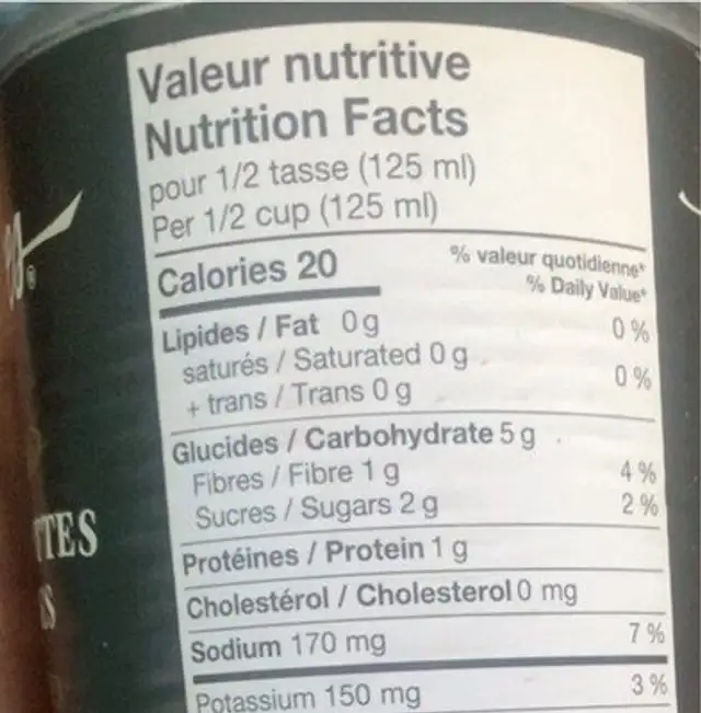 Bébé carottes entières nutrition facts table
