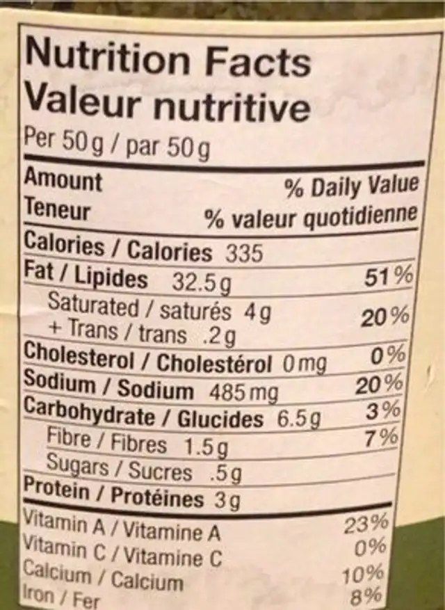 Basil Pesto Alla Genovese nutrition facts table