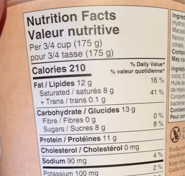 sans produits laitiers nutrition facts table