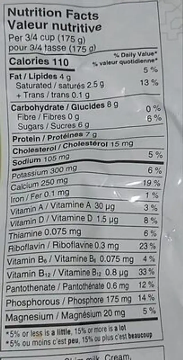 Gelatin Free Plain Yogurt nutrition facts table