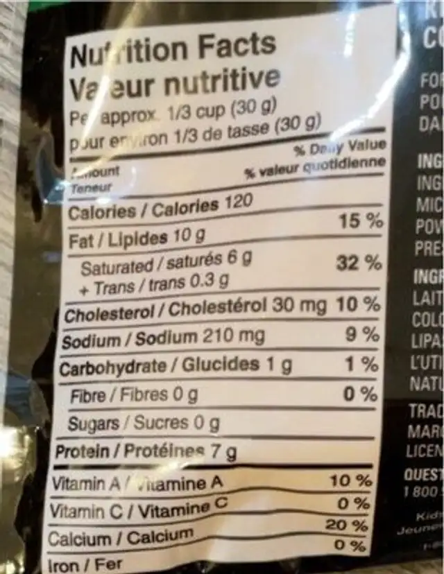 Medium Cheddar nutrition facts table