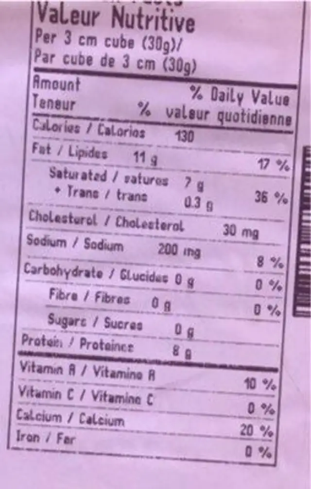Fromage nutrition facts table