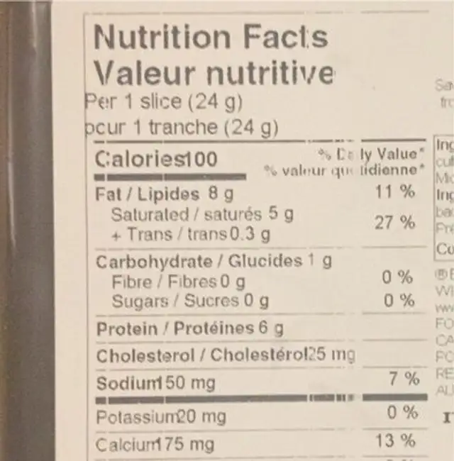 Cheddar nutrition facts table