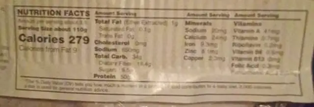 Carne de soya nutrition facts table