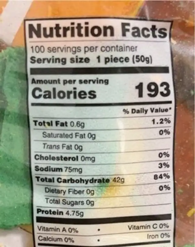 Oblea Arcoiris nutrition facts table