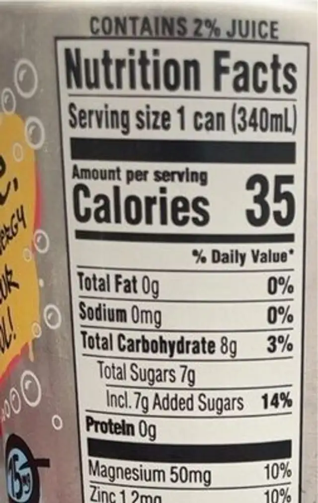 Splash NRG nutrition facts table