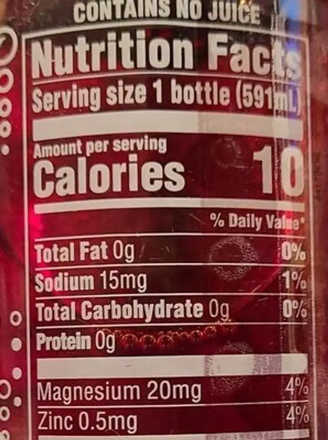Splash Fizz Raspberry Blackberry Flavor nutrition facts table