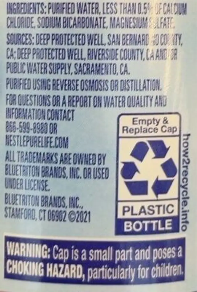 Purified water nutrition facts table