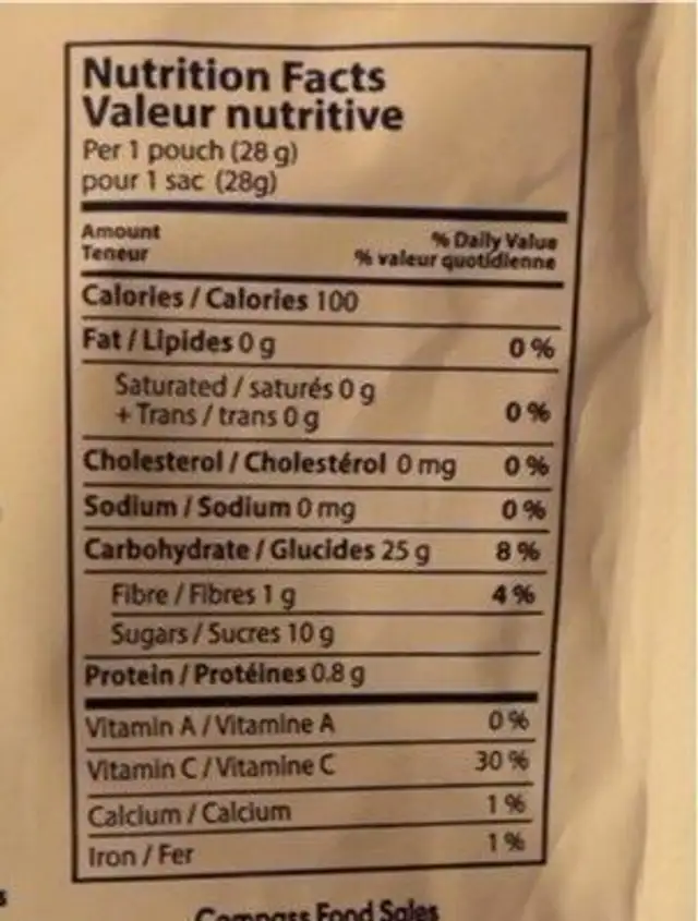 Crispy freeze dried apple and mango nutrition facts table