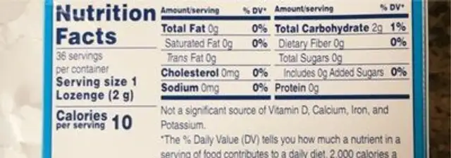 Moisture lozenge nutrition facts table