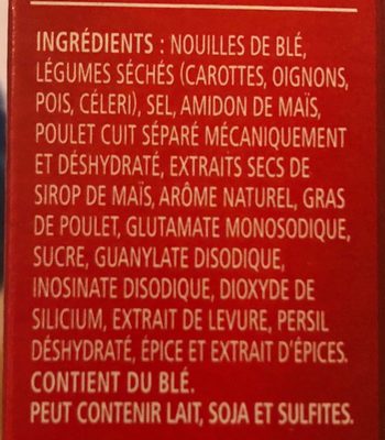 Poulet et legumes ingredients label