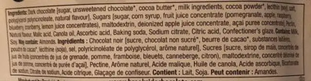 Açaí & Blueberry Flavour Dark Chocolate Balls ingredients label