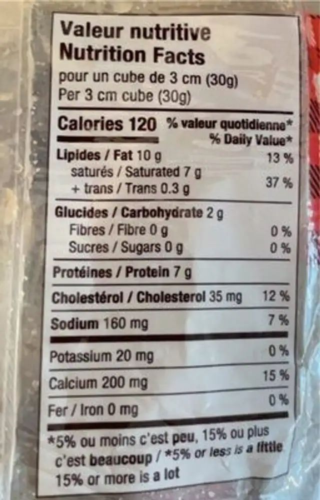 Fromage cheddar extra-fort nutrition facts table