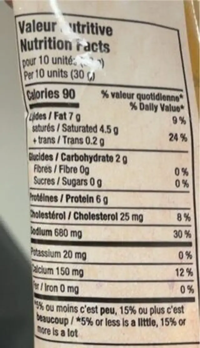 Déguedine nutrition facts table