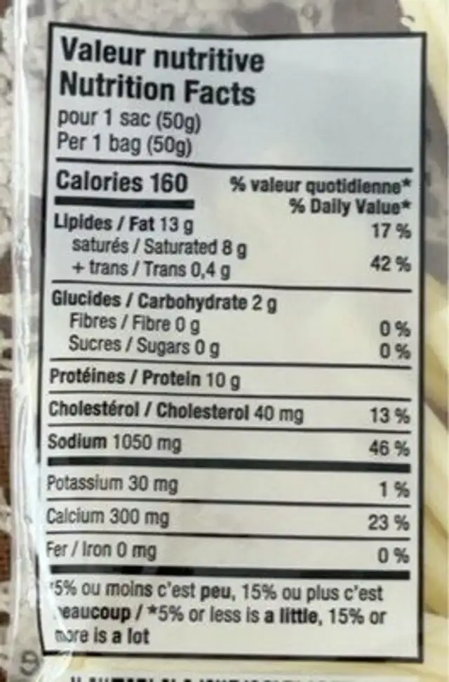 Tortillons de fromage nutrition facts table