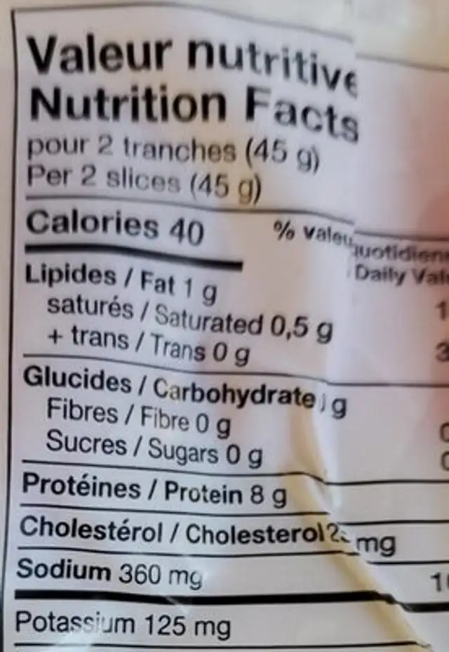 Jambon Cuit nutrition facts table