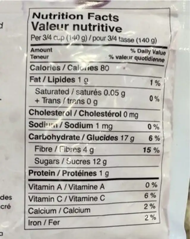 Wild Blueberries Organic nutrition facts table
