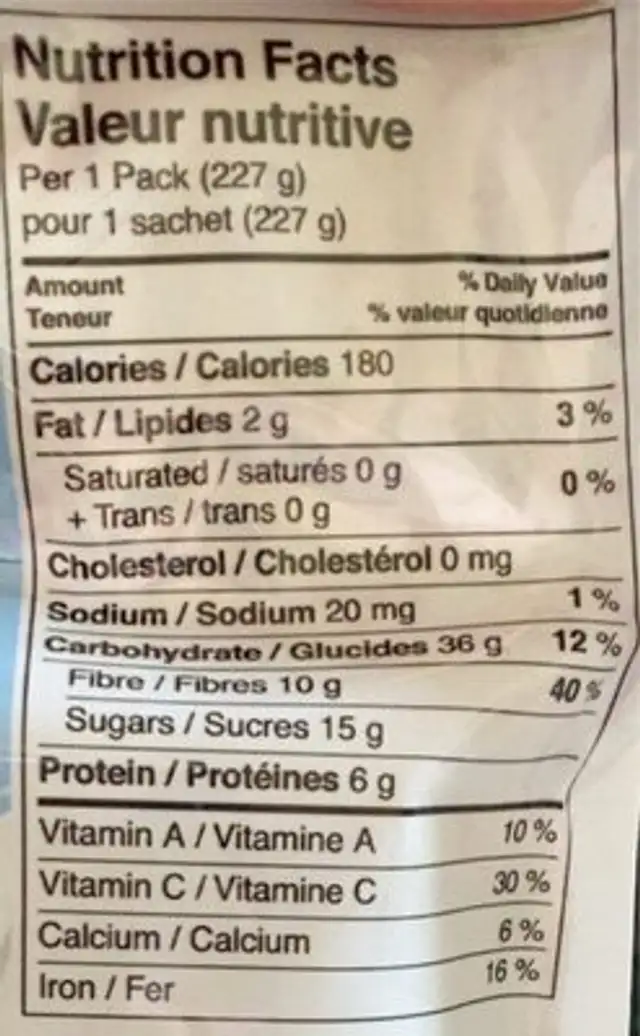 Energy Kick smoothie nutrition facts table