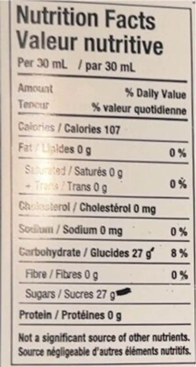 Apricot n’ Brandy Syrup nutrition facts table