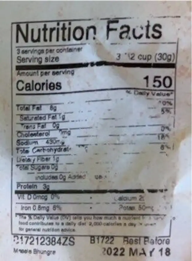 Masala Bhungra nutrition facts table