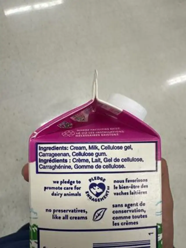 Whipping Cream 33% ingredients label