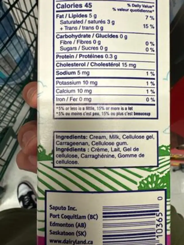 Whipping Cream ingredients label
